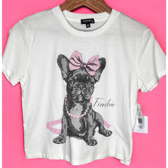 NWT Originality Frenchie Bows Graphic Crop Top Short Sleeve Ivory Women's XS - Picture 1 of 8